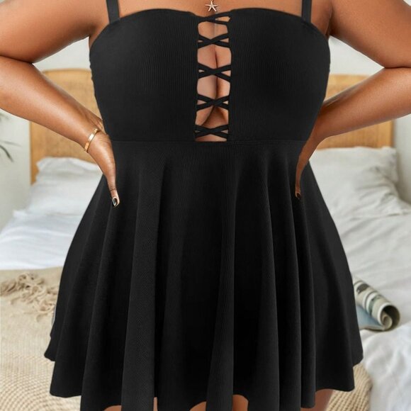 NEW Black 3XL Plus Size Swim Dress Adjustable Straps & Lace-Up Front Design - Picture 5 of 12